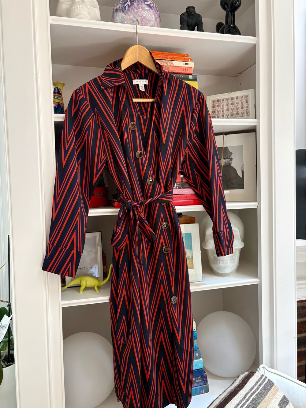 TOPSHOP Striped Belted Shirt Dress in Navy and Red - Picture 1 of 4